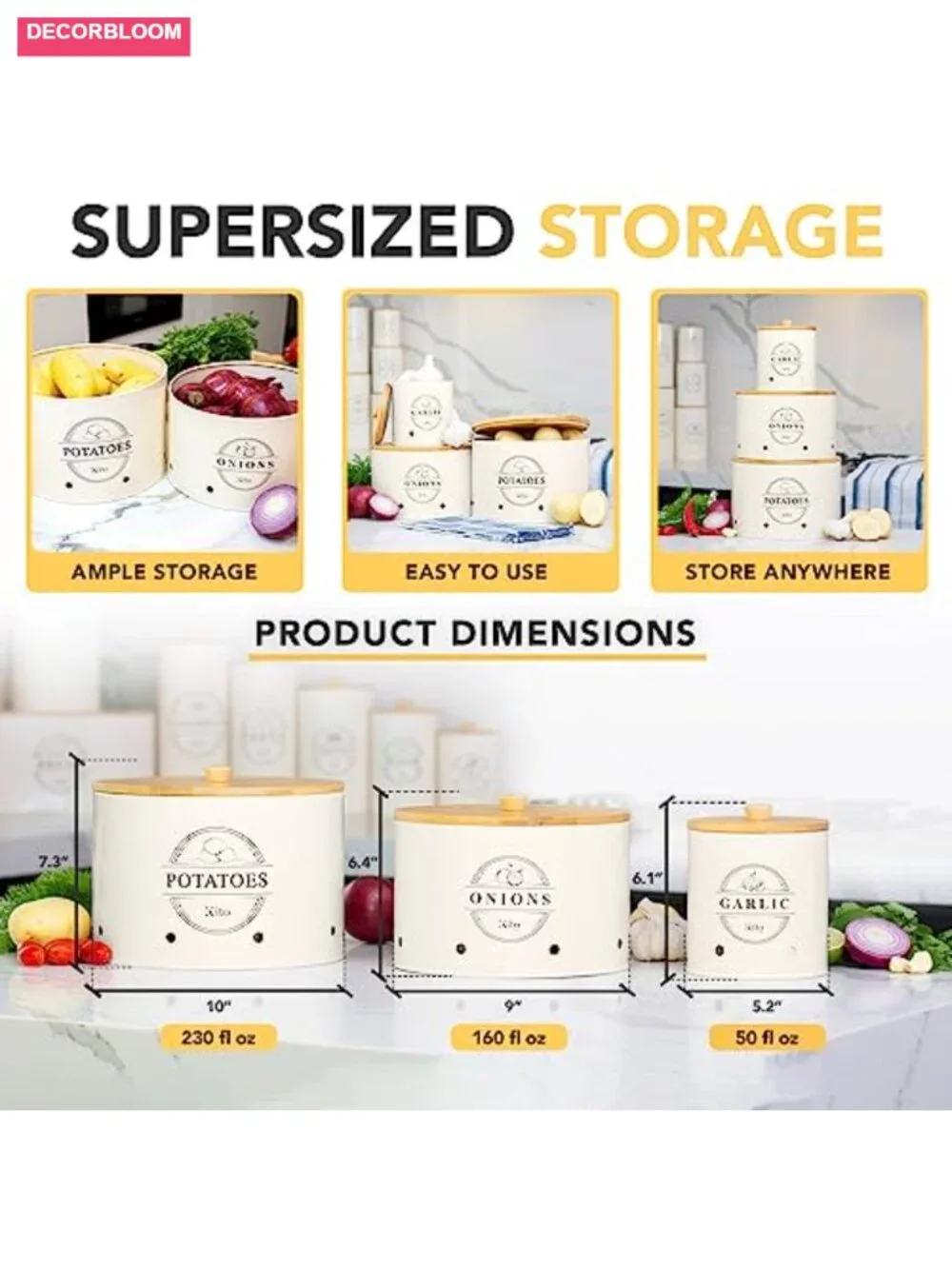 Stackable Steel Canisters with Wooden Bamboo Lids, Food Storage for Kitchen